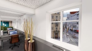 Illustrasjon; utsikt ut vindu mot Strandgaten, samt kontorlandskap og pyntevaser i kobber