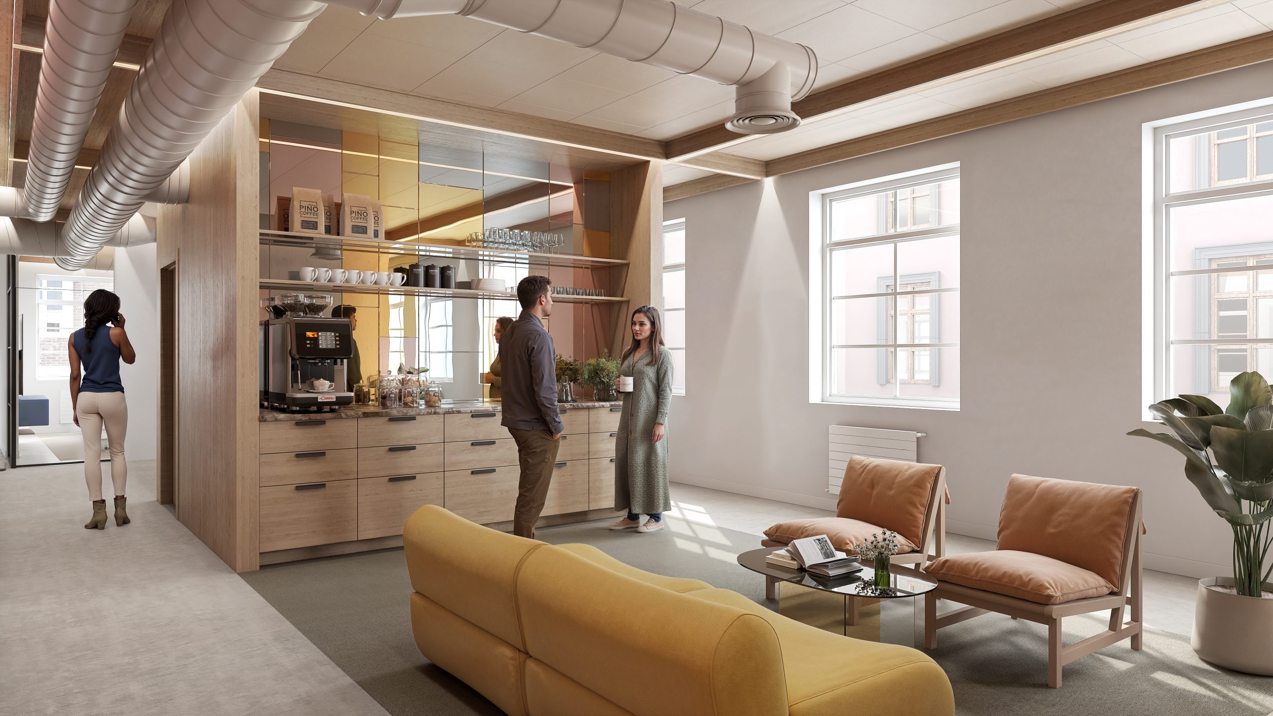 Skisse: Loungeområde med kaffestasjon og uformelle møteplasser