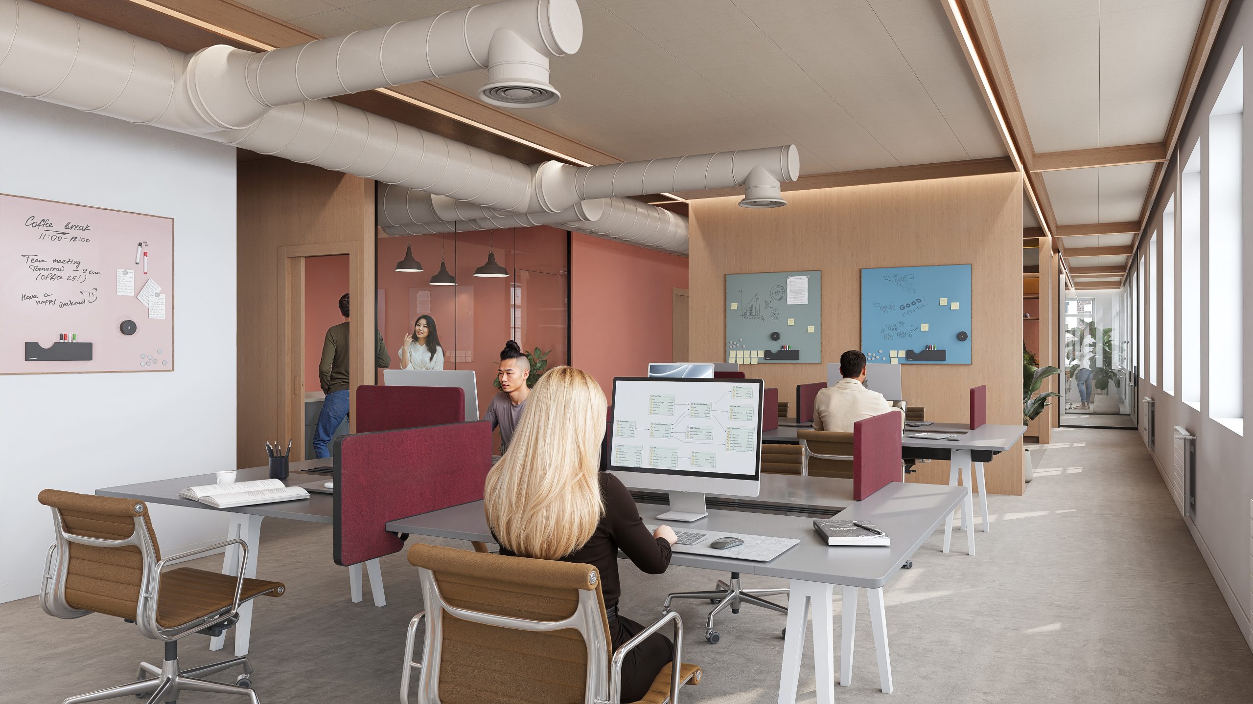 Skisse: Åpent kontorlandskap med god takhøyde, naturlig lys og kreative soner"