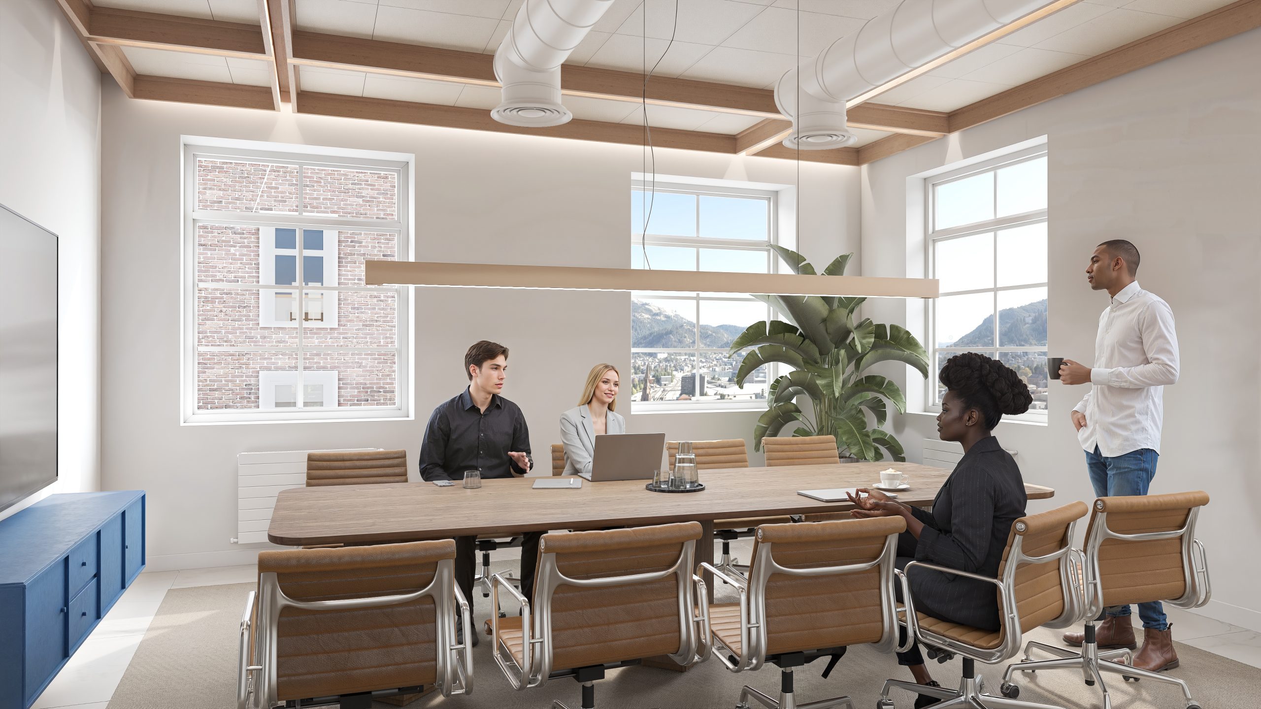 Skisse: Møterom med skjerm, grønne omgivelser og plass til samarbeid"